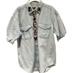 Details Express Blue Denim Button Up Shirt With Flower Embellishments Size M
